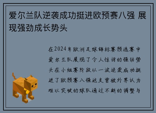 爱尔兰队逆袭成功挺进欧预赛八强 展现强劲成长势头